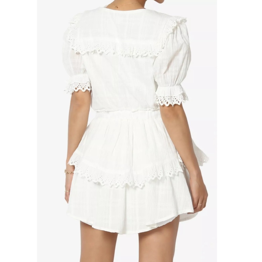 JUST ME ROMANTIC COTTAGE WHITE RUFFLE TIERED LOVESHACK MINI DRESS - Picture 3 of 9